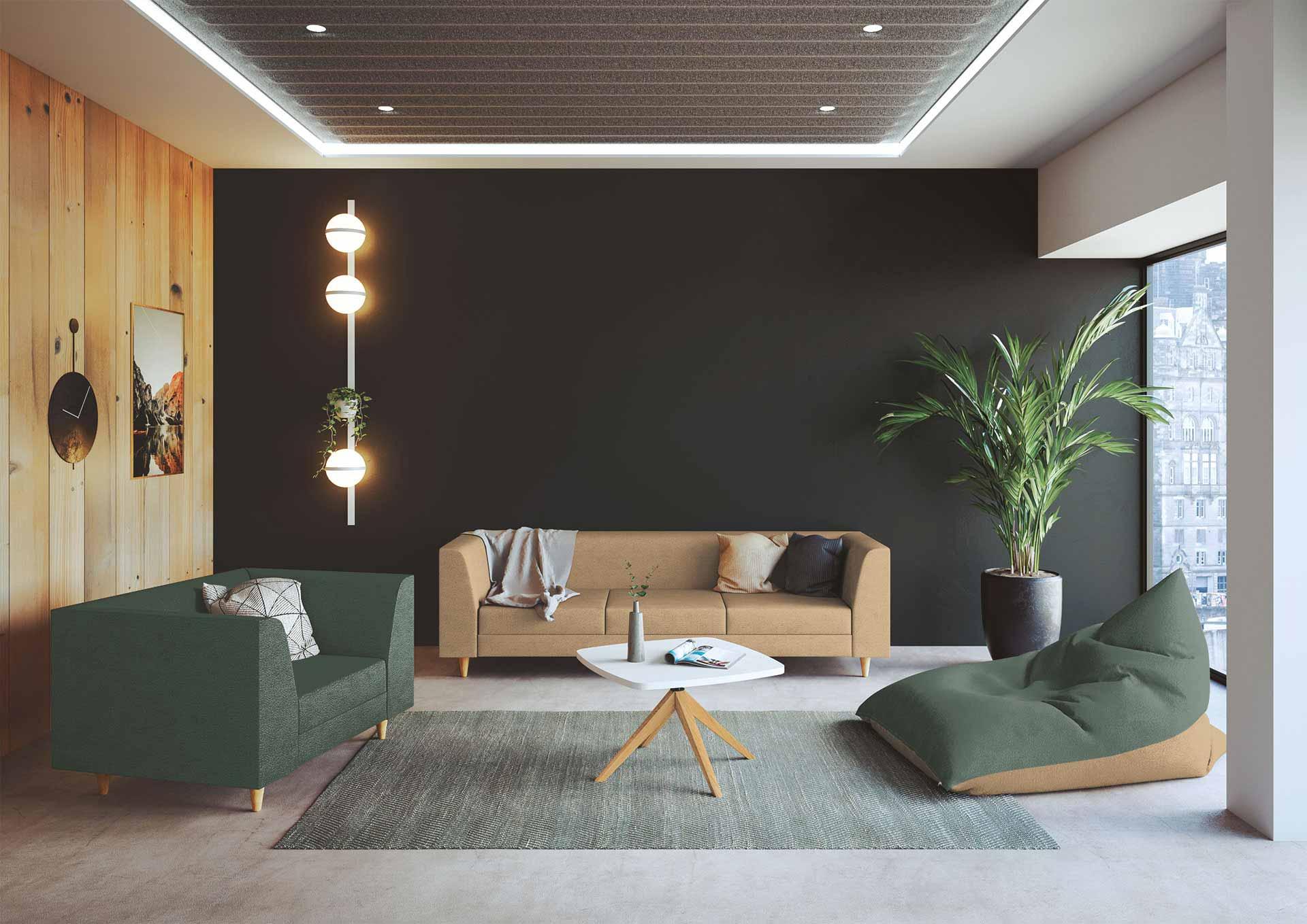 Espace attente table basse fauteuil et pouf